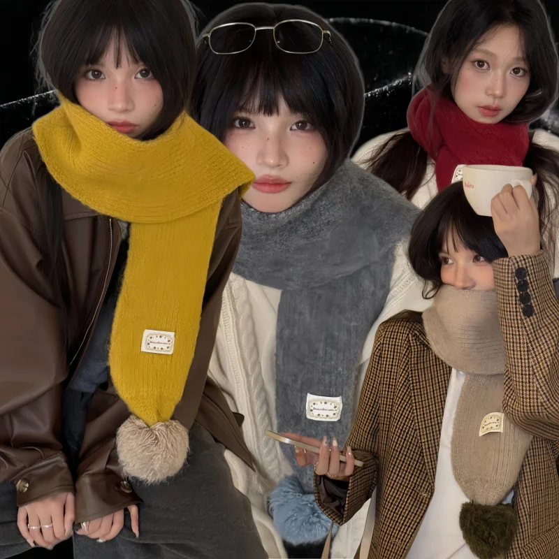 Cute Fashion Retro 4 Colors Available Yellow Knitted Skinny Scarf Women Winter Warm Long Narrow Wrap with Pom pom