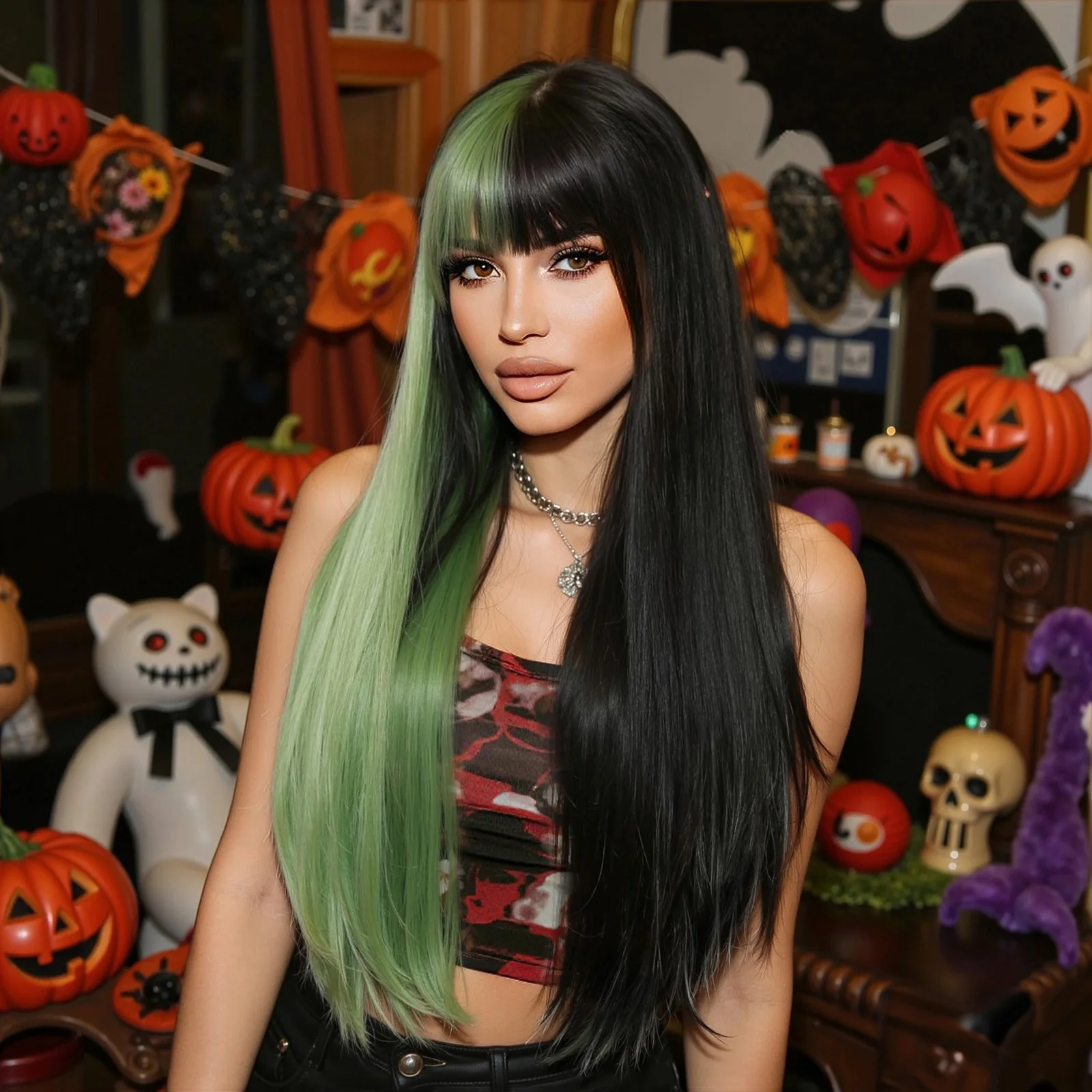 

Хэллоуин Зеленые и черные длинные синтетические парики с челкой Рождественский косплей Искусственные волосы Термостойкое волокно Двухцветный парик для женщин