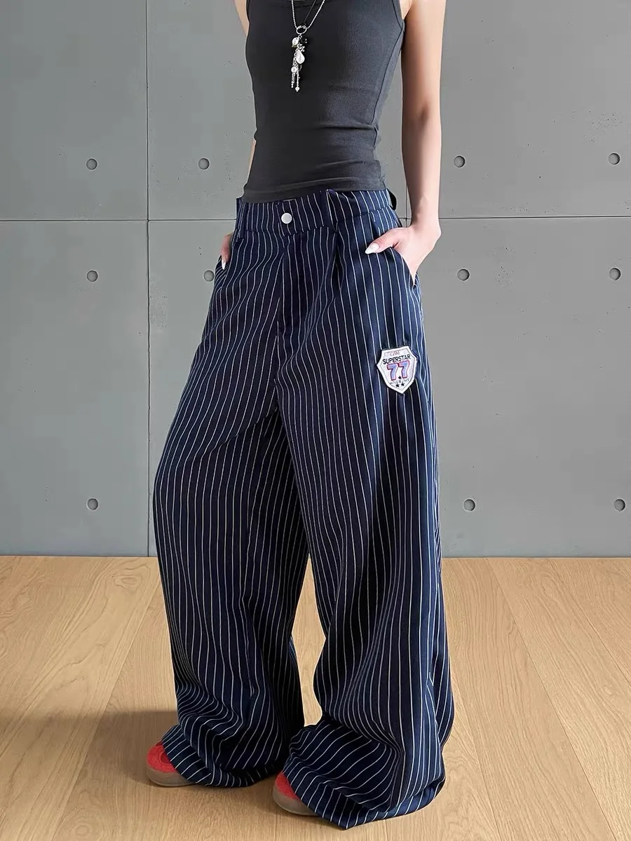 

American Retro k Blue Striped Casual Pants Loose Straight Floor-Length Streetwear for Men High Waist Long Trousers