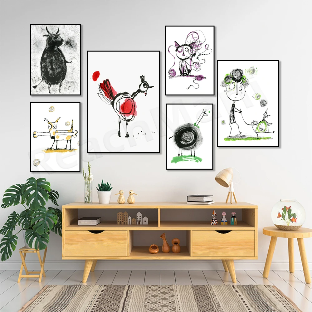 Funny cat, chicken, llama, dog on skateboard, jolly bee, big bull art, whimsical animals, eclectic girl, abstract art poster