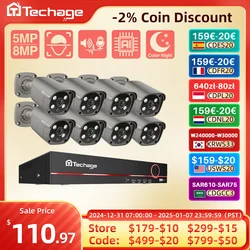 Techage 보안 카메라 시스템, 4K HD POE IP 카메라 키트, 양방향 오디오, 얼굴 감지, 금속 야외 비디오 감시, 8CH, 5MP, 8MP