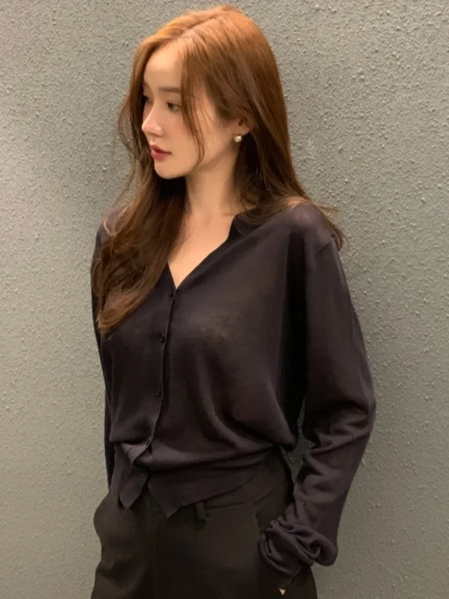 세련된 여름 얇은 긴 소매 v 넥 싱글 버튼 니트 스웨터 젊은 여성을위한 태양 보호 슬리밍 카디건 겉옷