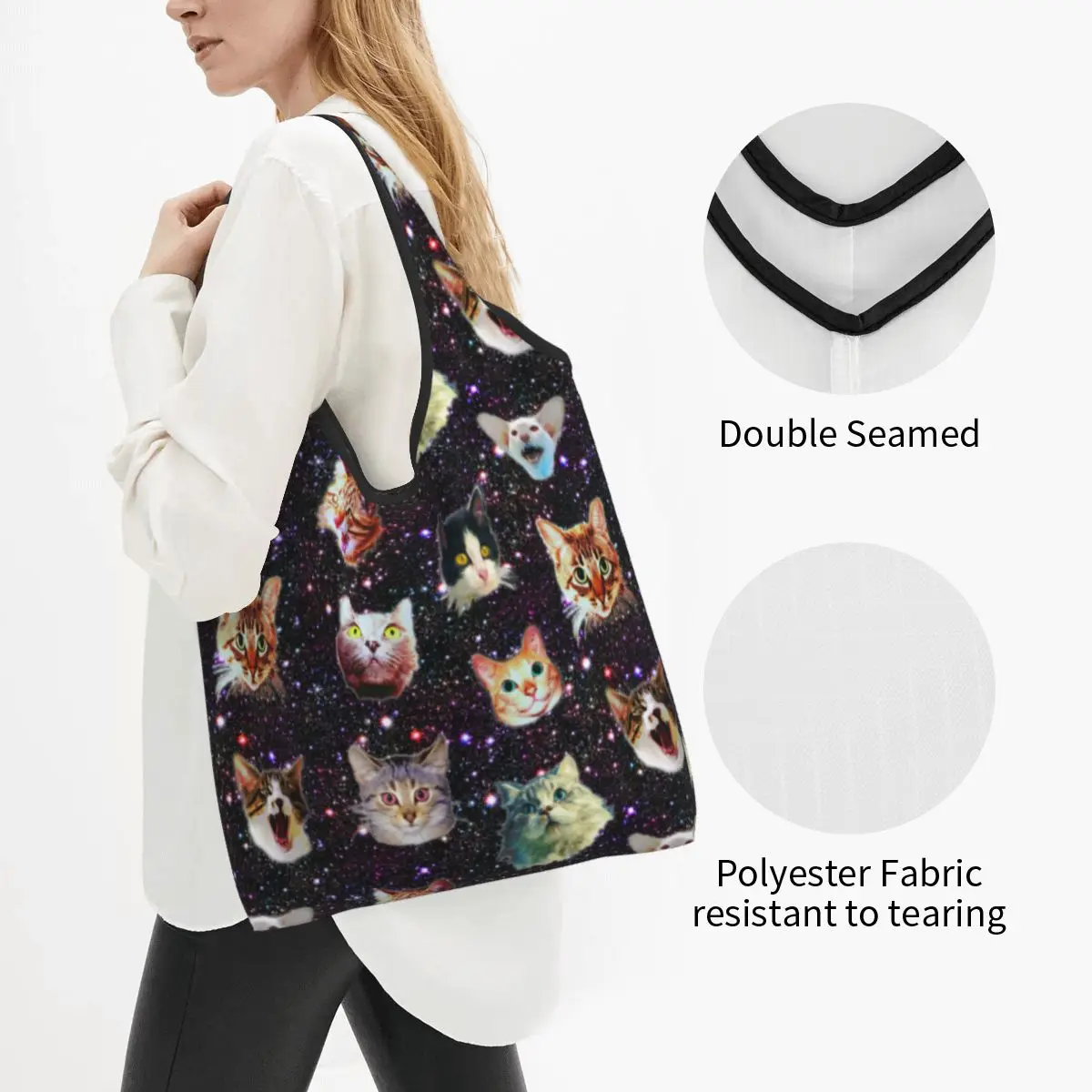 Reusable Cat Heads In Outer Space Funny Galaxy Shopping Bags for Groceries Foldable Animal Grocery Bags Washable Large Tote Bags