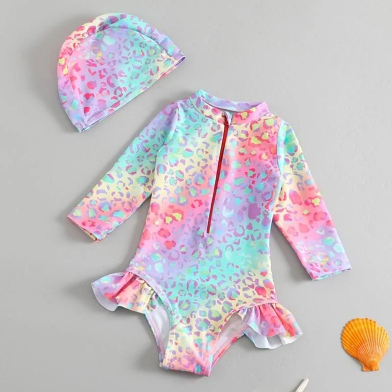 R66D Little Girl Beachwear Fish Scale Pattern Long Sleeve Swimwear for Summer Daily