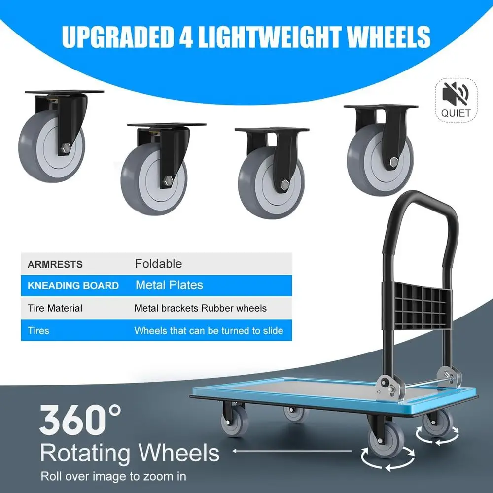 Wytrzymały składany wózek platformowy z obrotem 360 stopni °   Kółka obrotowe, 30,3 cm dł. x 19,7 cm szer., udźwig 900 funtów, niebieskie