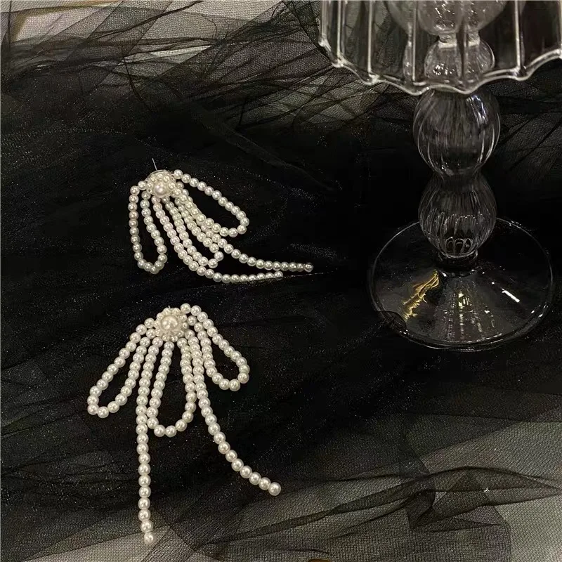 2024 Korean Tassel Earrings Bow Handmade Pearl Beads Long Earring for Women Wedding Fashion Jewelry Temperament Dangle Ear Rings