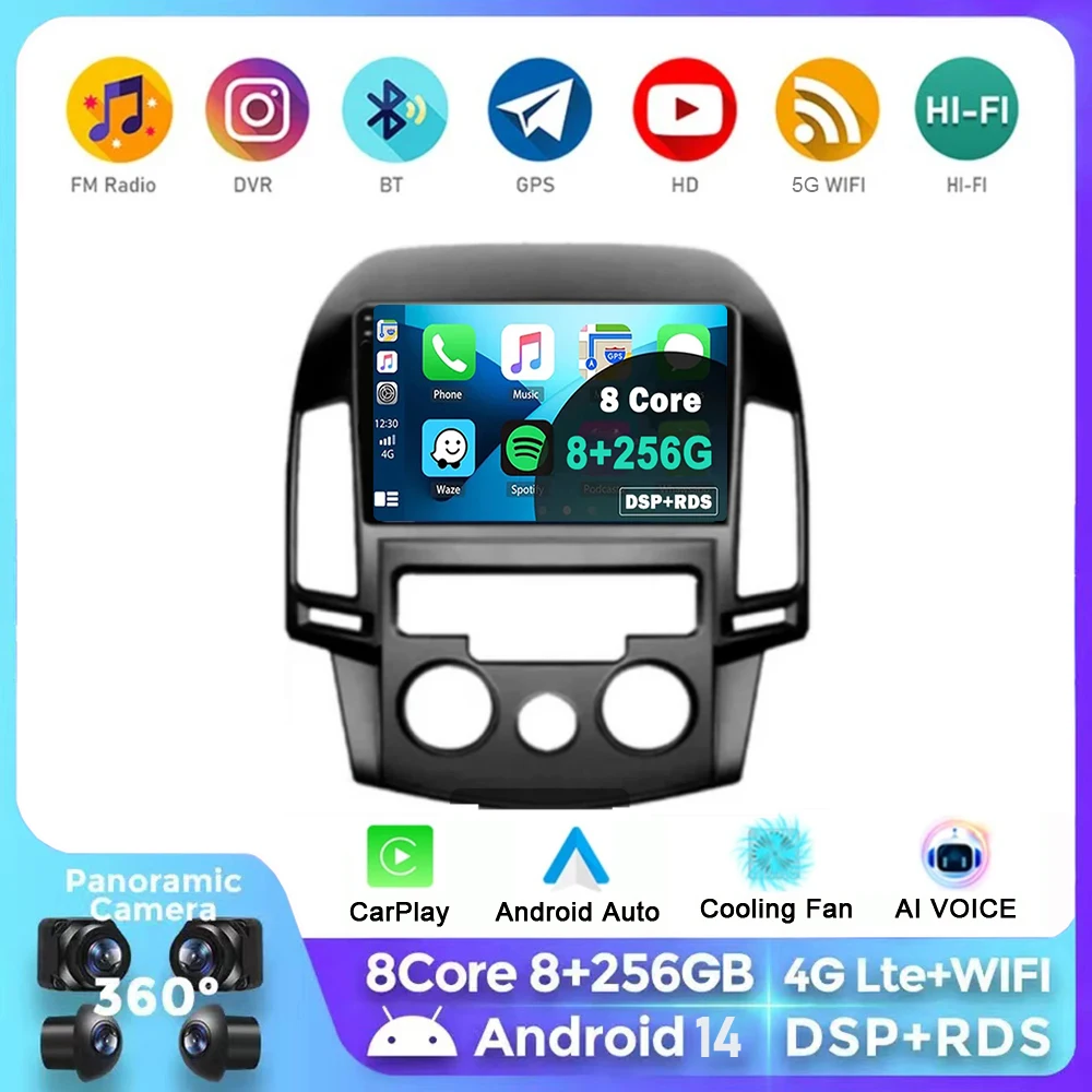 For Hyundai i30 2006-2011 Android 14 MANUAL AC 2K QLED Android Car Radio Multimedia Video Player GPS AI Voice CarPlay 4G Stereo