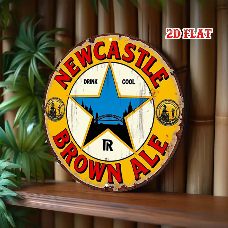 1 قطعة Newcastle Brown Ale Vintage Metal Tin Sign - 19.99 سم لوحة فنية جدارية من الألومنيوم الريفي المستدير مع الطباعة الجريئة وشعار النجمة، Indo
