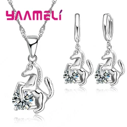 Animal Horse Pendants Necklace Drop Earrings Set For Party Gift Women 925 Sterling Silver Crystal Jewelry Sets Accessory