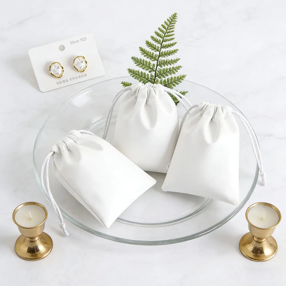 

5Pcs White PU Leather Portable Drawstring Bag Extreme-simple Makeup MP3 Storage Pouch Headset Perfume Candle Gift Packaging Sack
