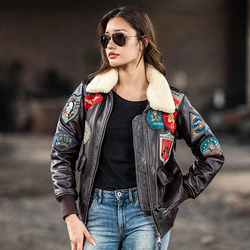 Dark Brown TOP GUN G1 Pilot Leather Jacket Women Military Style Natural Cowhide Winter Aviation Genuine Leather Coats