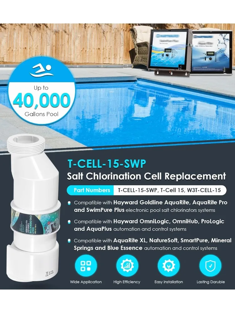 Salt ChIorination Cell Replacement for In-Ground Swimming Pools Up to 40,000 Gallons, Replaces for Hayward W3T-CEL