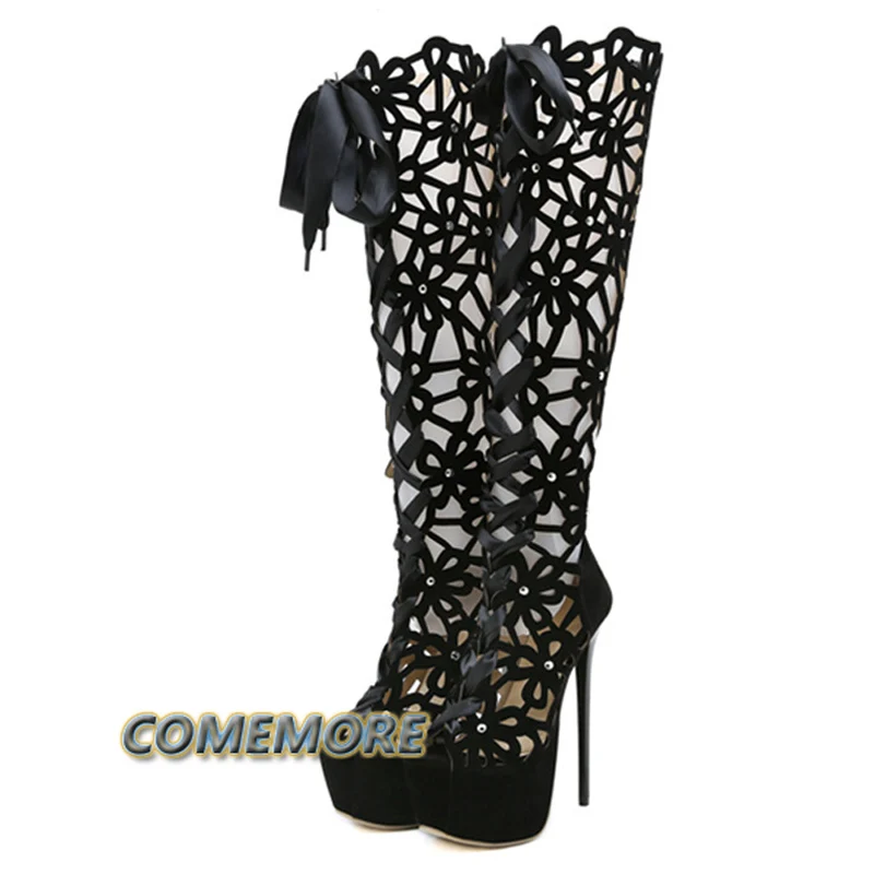 Summer 16CM Ultra Thin High Heels Sexy Nightclub Hollow Out Over The Knee Boots Women Peep Toe Lace-Up Zip Platform Shoes Sandal