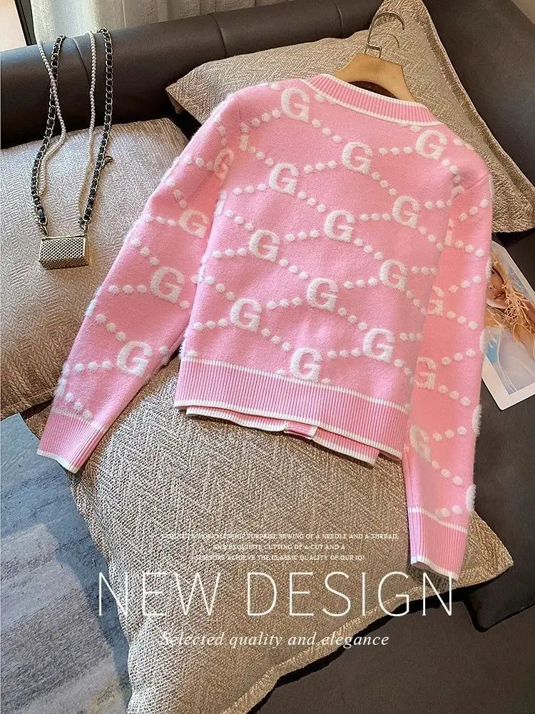 Luxury Pink Knitted Cardigan Women Sweater Autumn Winter Coat Letter Long Sleeve Short Tops Design Trend Women\'s Clothing New
