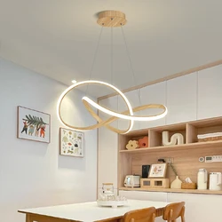 Lámpara colgante LED nórdica, anillos de grano de madera, línea de aluminio colgante, iluminación de atenuación remota para dormitorio principal, sala de estar