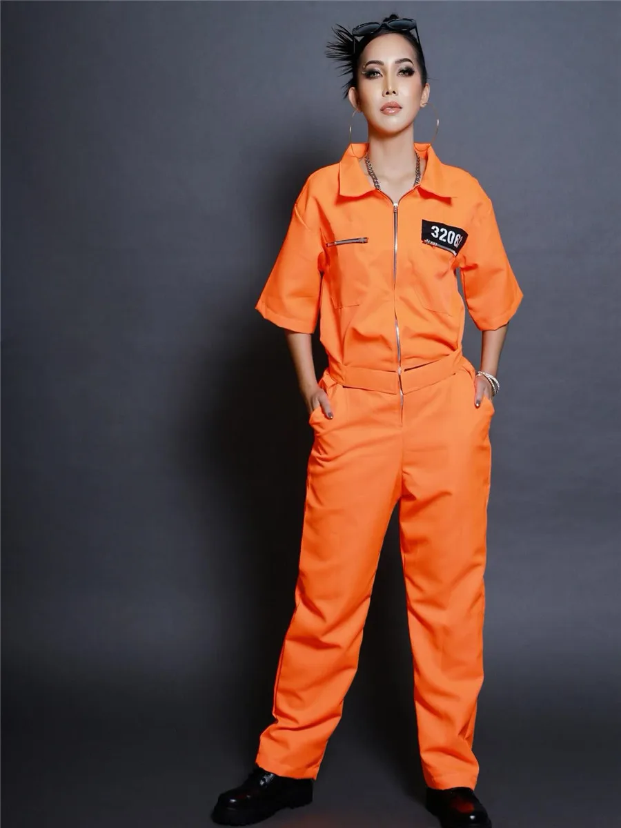 Jumpsuits Halloween Cosplay Costume Prison Uniform Women Short Sleeve Zipper Closure Lapel Rompers Female Casual Overalls Party