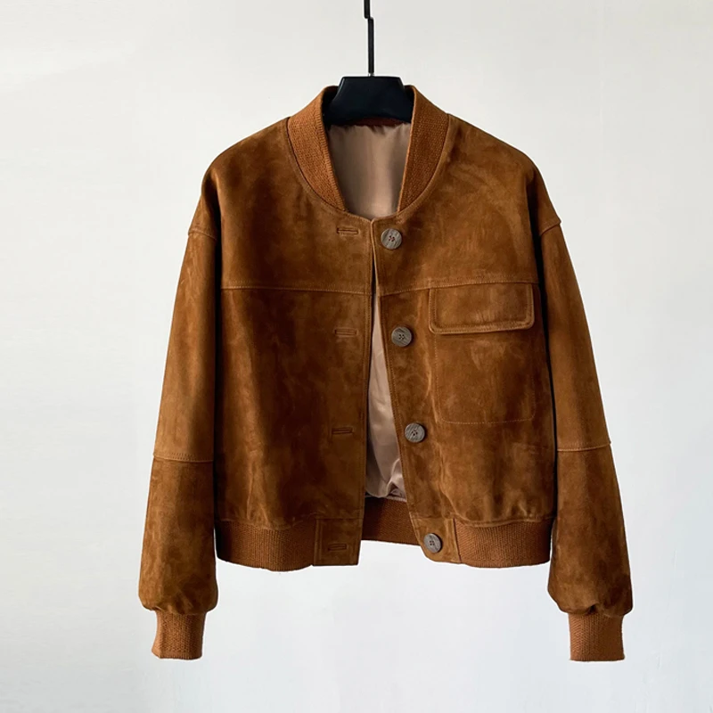 

Женская короткая бейсбольная куртка из 100% натуральной кожи, замшевые однобортные пальто, роскошная импортная замшевая куртка из козьей кожи, топ