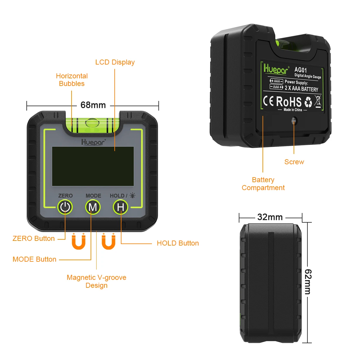 Huepar Angle Gauge Digital Protractor For Angle Measurement Electronic Inclinometer Angle Finder With LCD Screen,Leveling Bubble