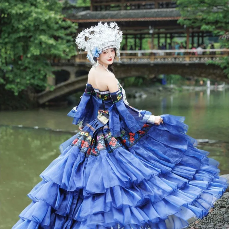 Vestido de bolo azul nacional exótico prata cocar desempenho novo estilo