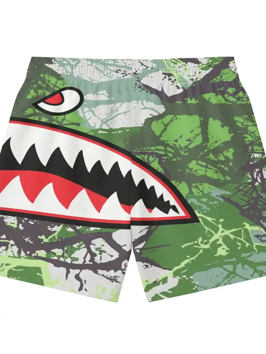 

Mens Casual Green Camo Shark Mouth Print Shorts Loose Drawstring Beach Vacation Streetwear