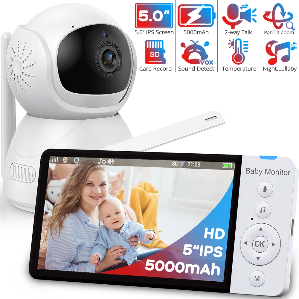 Vídeo sem fio Baby Monitor com babá, câmera PTZ, bateria 5000mAh, tela IPS, babá, 2-Way Audio, SD Card Record, 5"