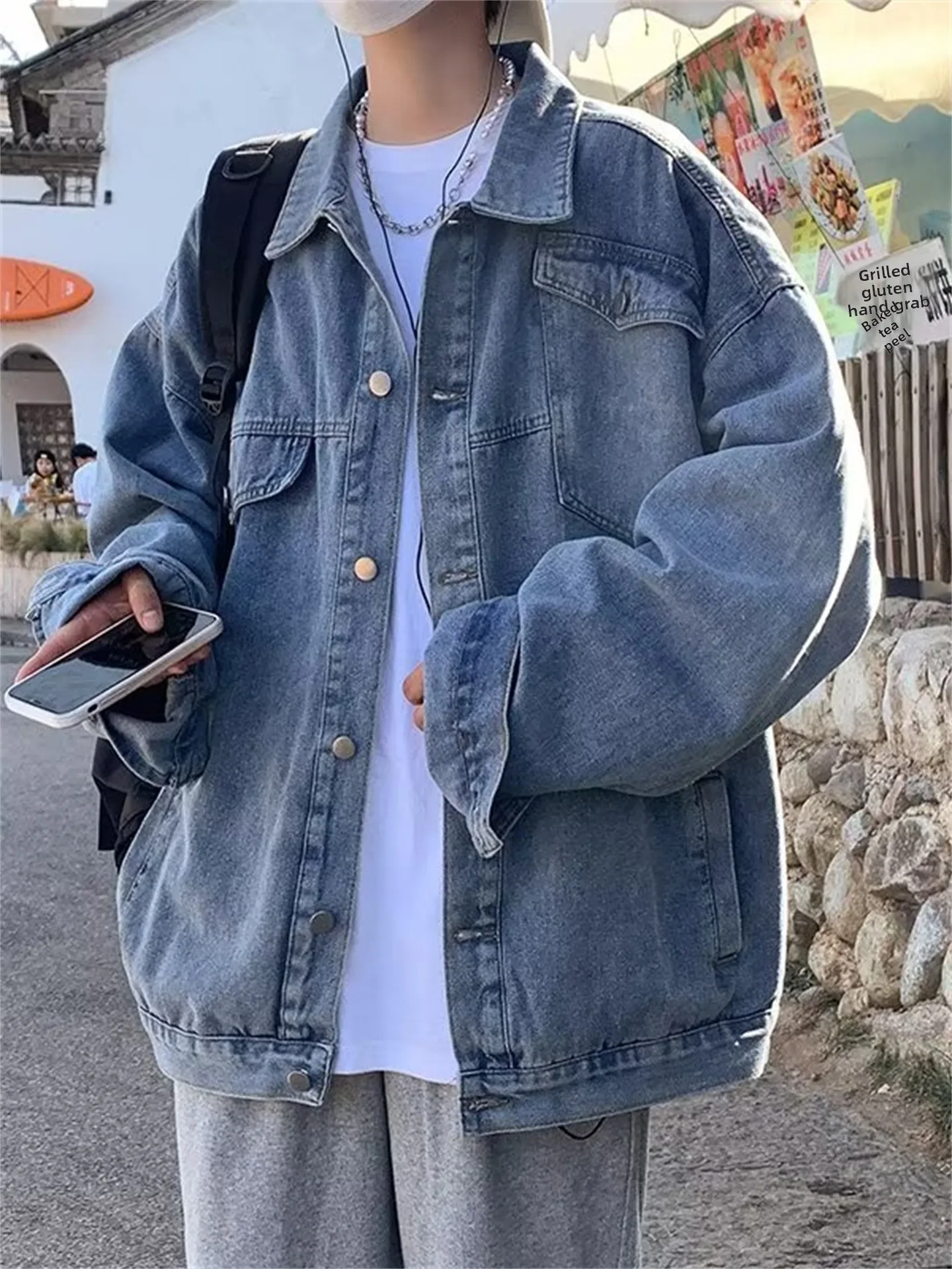 

Spring Autumn Loose Men's Denim Jaet Casual Sli Retro Workwear Jaet Long Sve Flip Collar Regular Length Polyester