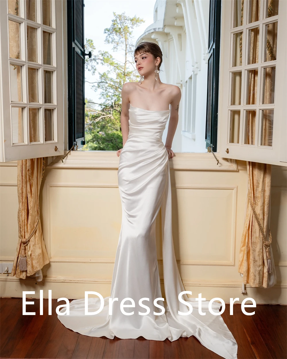 Aangepaste witte satijnen avondjurk van hoge kwaliteit Temperament Strapless Mouwloos Zeemeermin Ruglooze Op maat gemaakte gelegenheid G