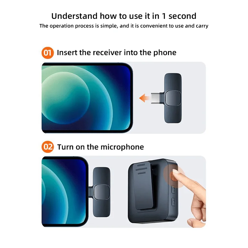 Micrófono de solapa inalámbrico, grabación de audio y video portátil, mini micrófono 2.4G para iPhone Android, transmisión en vivo, juegos, vlogs 2