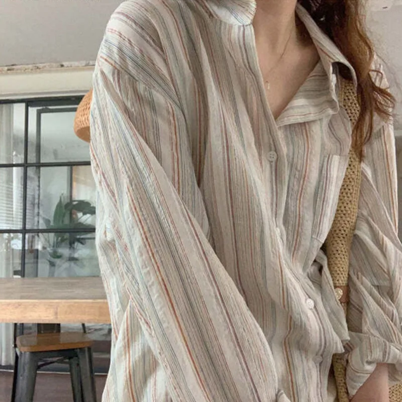 Oversize Slouchy Stripe Casual Loose Shirt Women Spring Korean Long Sleeve Cotton Blouses Single Breasted Pockets Street Tops