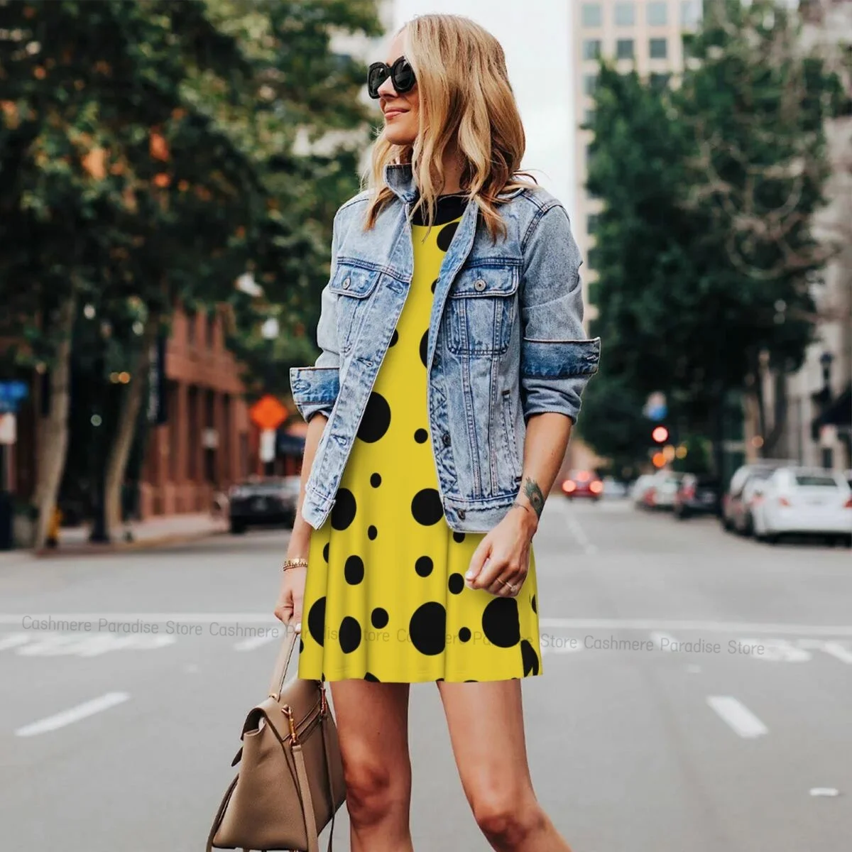 Robes d'été pour femmes, t-shirt de plage, sans manches, fond jaune avec pois noirs, robe débardeur ample décontractée, 2025