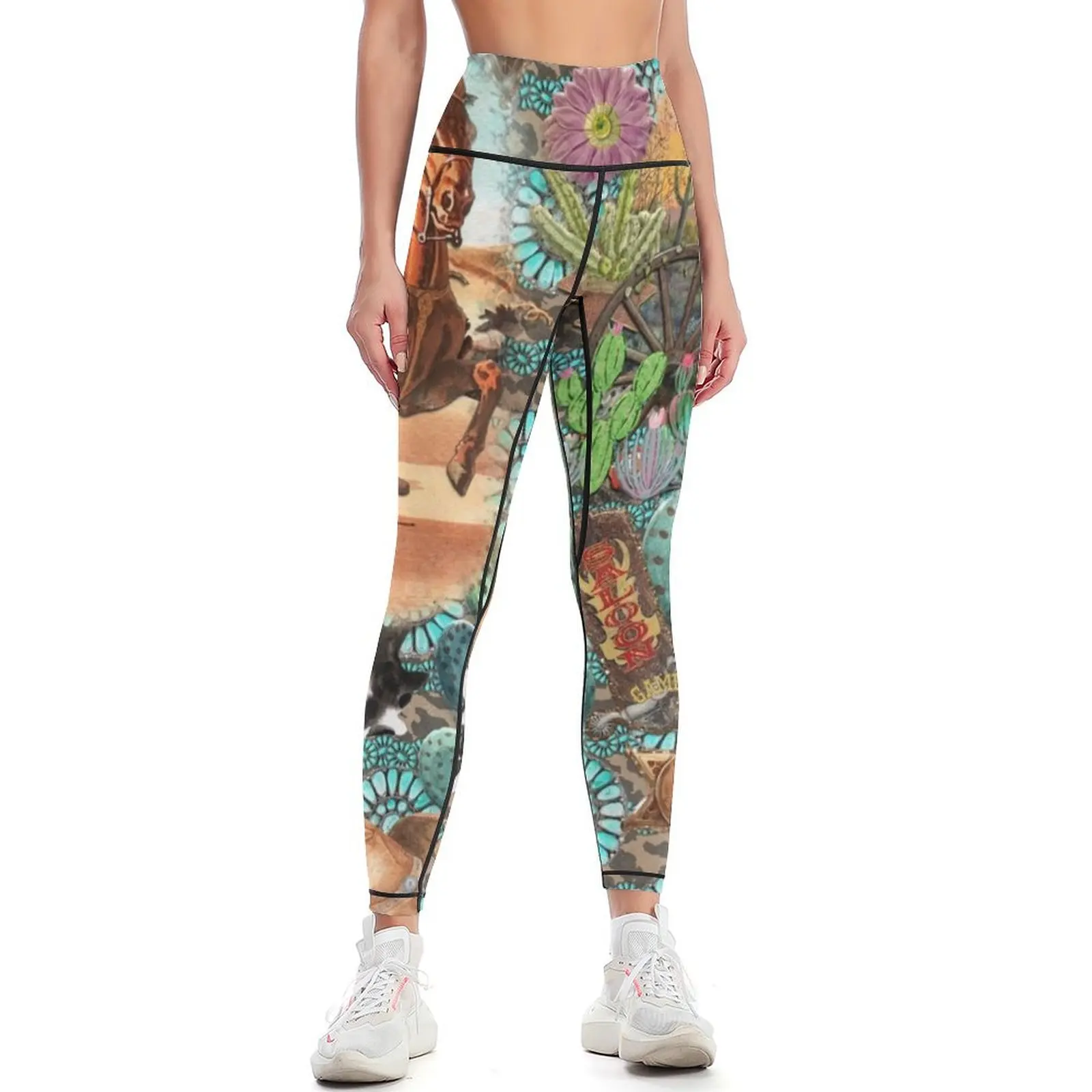 

Vintage Cowboy with turquoise jewelry, cactus and cowhide Leggings Women's fitness Women's high waist sports for Womens Leggings