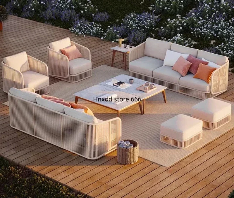 Outdoor rattan courtyard leisure braided rope sofa coffee table combination