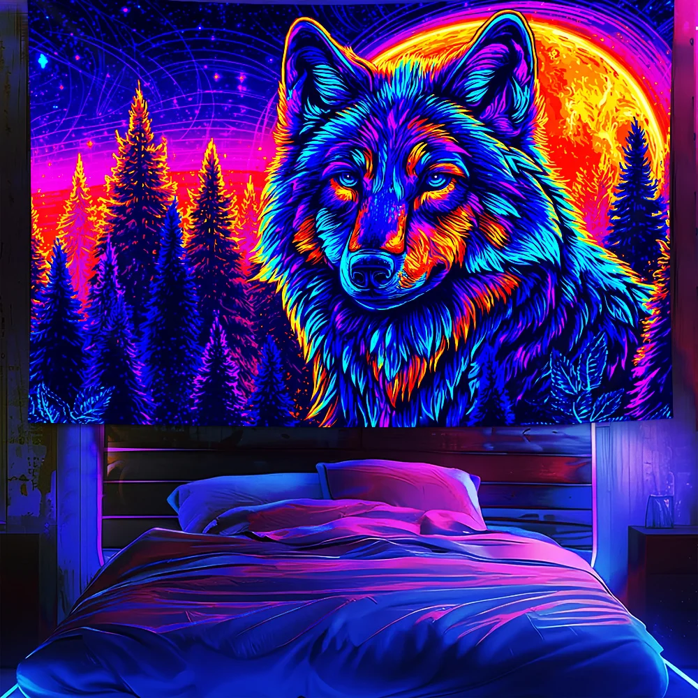 VIKAMA Neon-Wolf-Totem-Wandteppich, lebendige psychedelische Kunst, Wohnzimmer- und Schlafzimmerdekoration, schafft eine coole Atmosphäre
