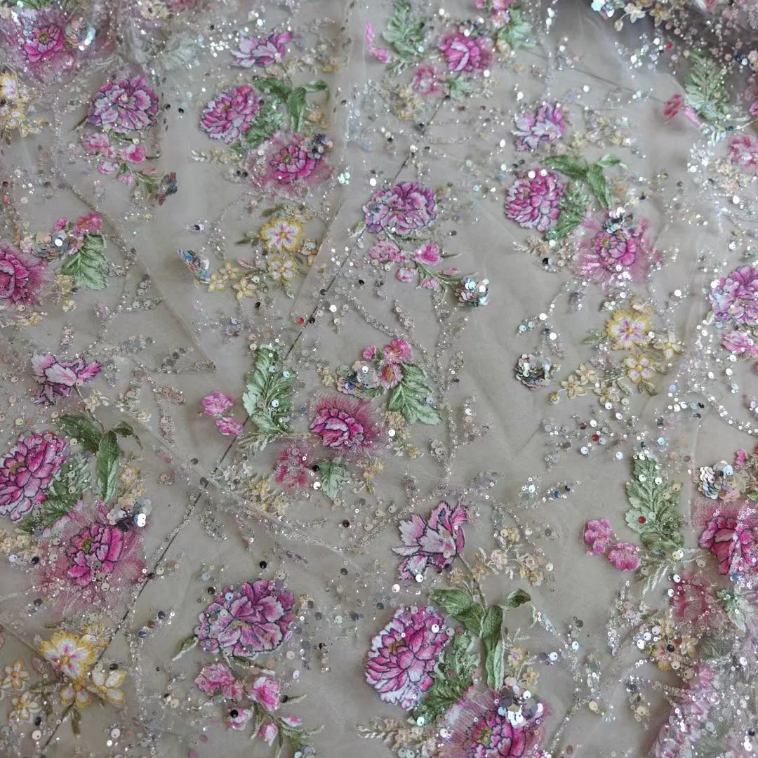1M 120Cm Wide Luxury Beaded Lace Fabric 3D Embroidery Sequins Spray Painted Soft Tulle Mesh Textile for Dress Making F107 view 2