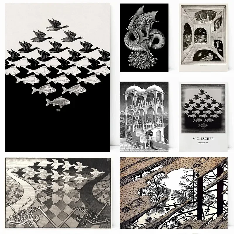 Surrealism M.C. Escher Classic Sky And Water Graphic Artwork Black And White Poster Canvas Painting Wall Art Picture Home Decor