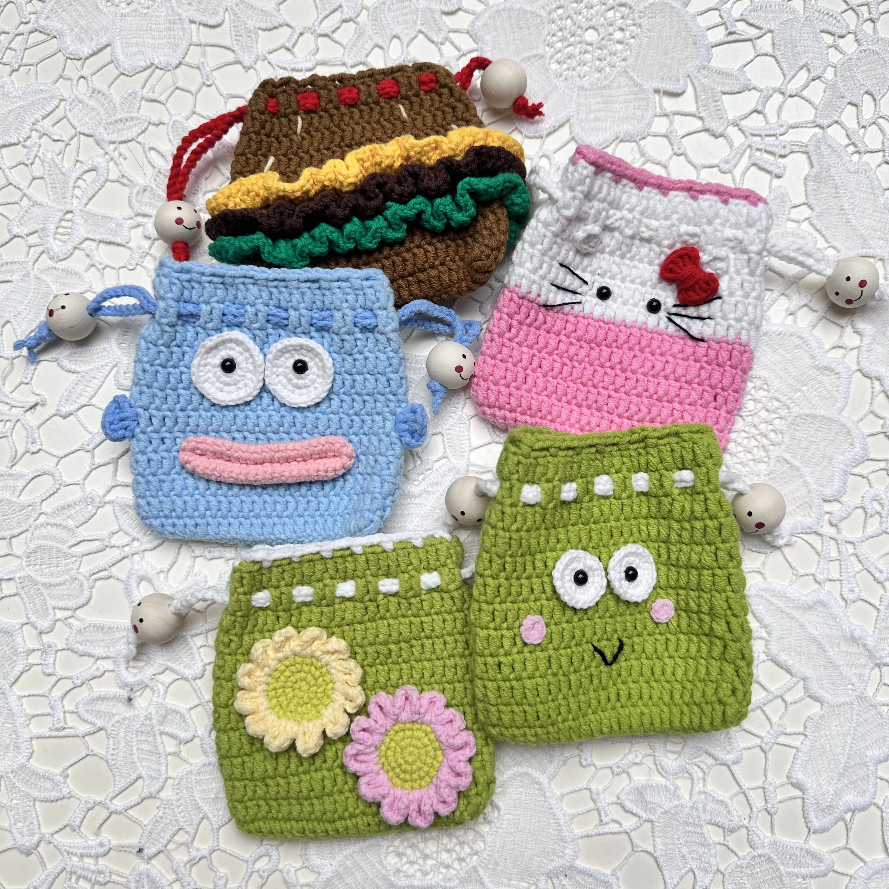 Handmade crochet wool thread mini bag frog cat burger ugly fish change key jewelry red envelope handmade creative gift