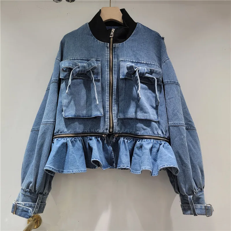 Woman 3D Bow Spliced Back Decor Ruffles Edge Denim Jacket Detachable Zipper Jeans Coat Double Pockets Loose Cowboy Cardigan Tops