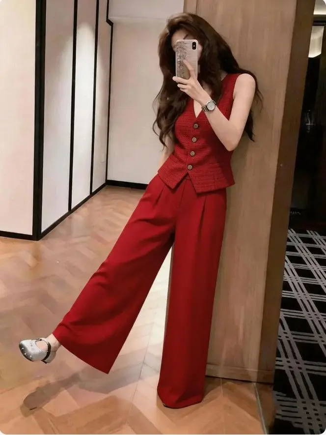 New Fashion Red Women's Matching Sets Summer Tweed V-neck Sleeveless Vest Top + Wide Leg Pants Two Piece Suit Old Money Style
