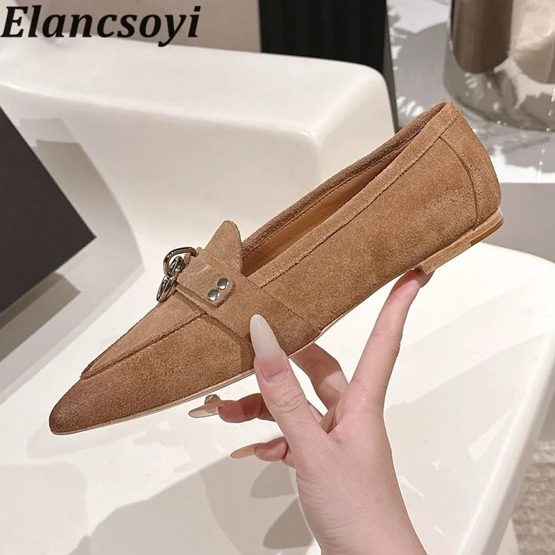 Mary Jane Shoes Pointed Toe Deep Mouth Metal Decor Flat Shoes Women Genuine Leather Single Shoes Spring Office Commuting Shoes