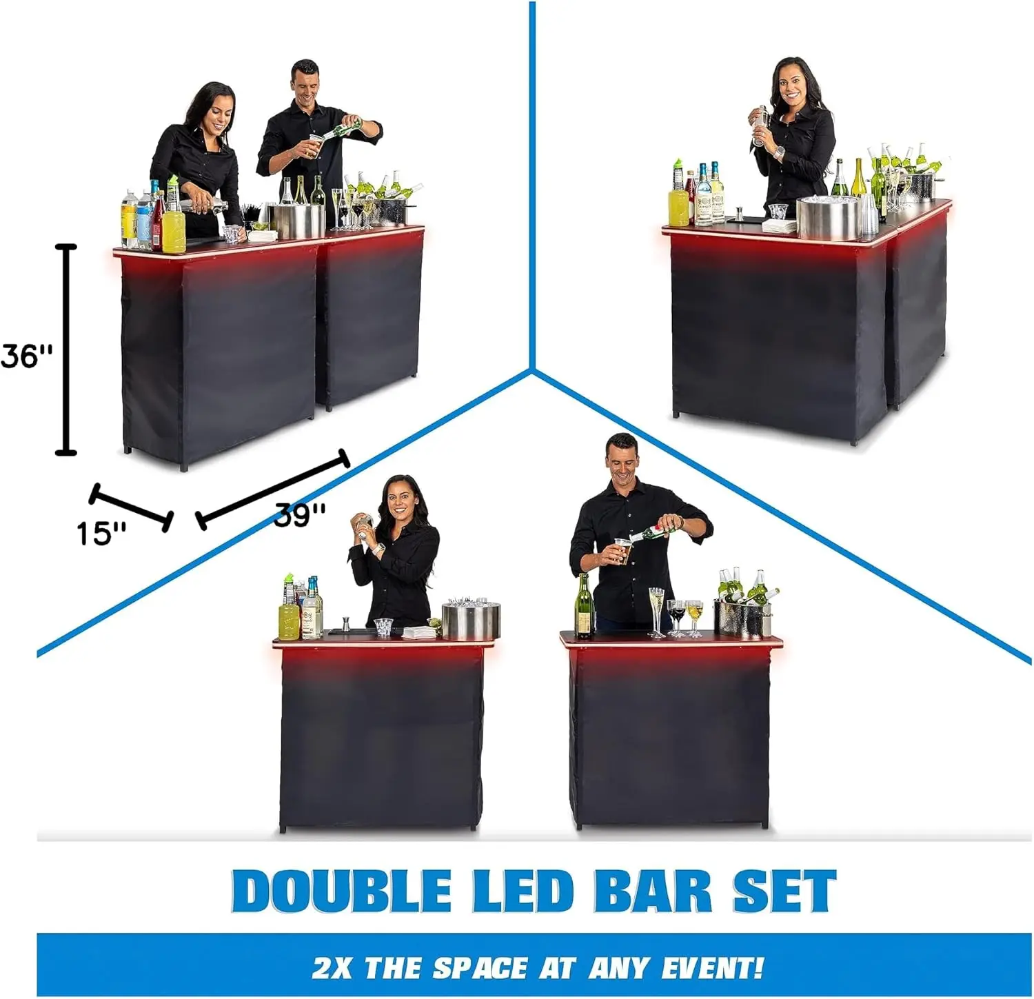 Portable Double Bar Table Set with Multi-Color LED Lights - Mobile Bartender Station for Events - Includes Carrying Case