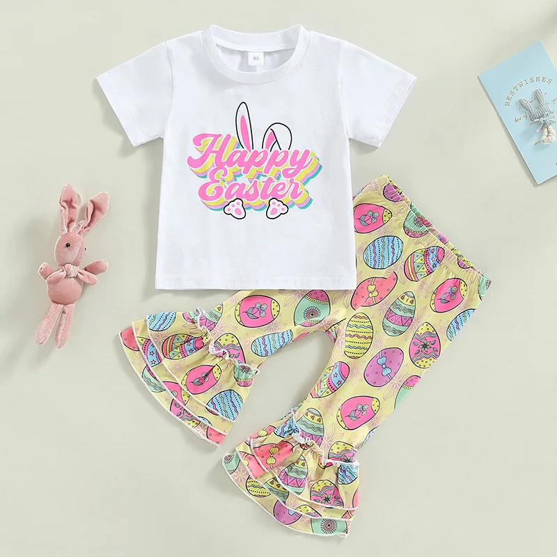 Easter Girls' New Set Rabbit Printed Short Sleeve Top Micro Pull Pants Two Piece Set