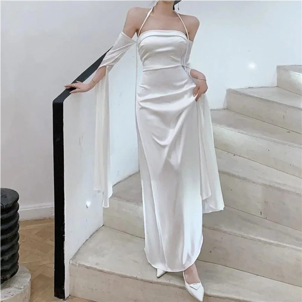 

Simple Pleats Off The Shoulder Straight Women Evening Dresses Draped Ankle-Length Backless Prom Gowns فستان سهرة نسائي