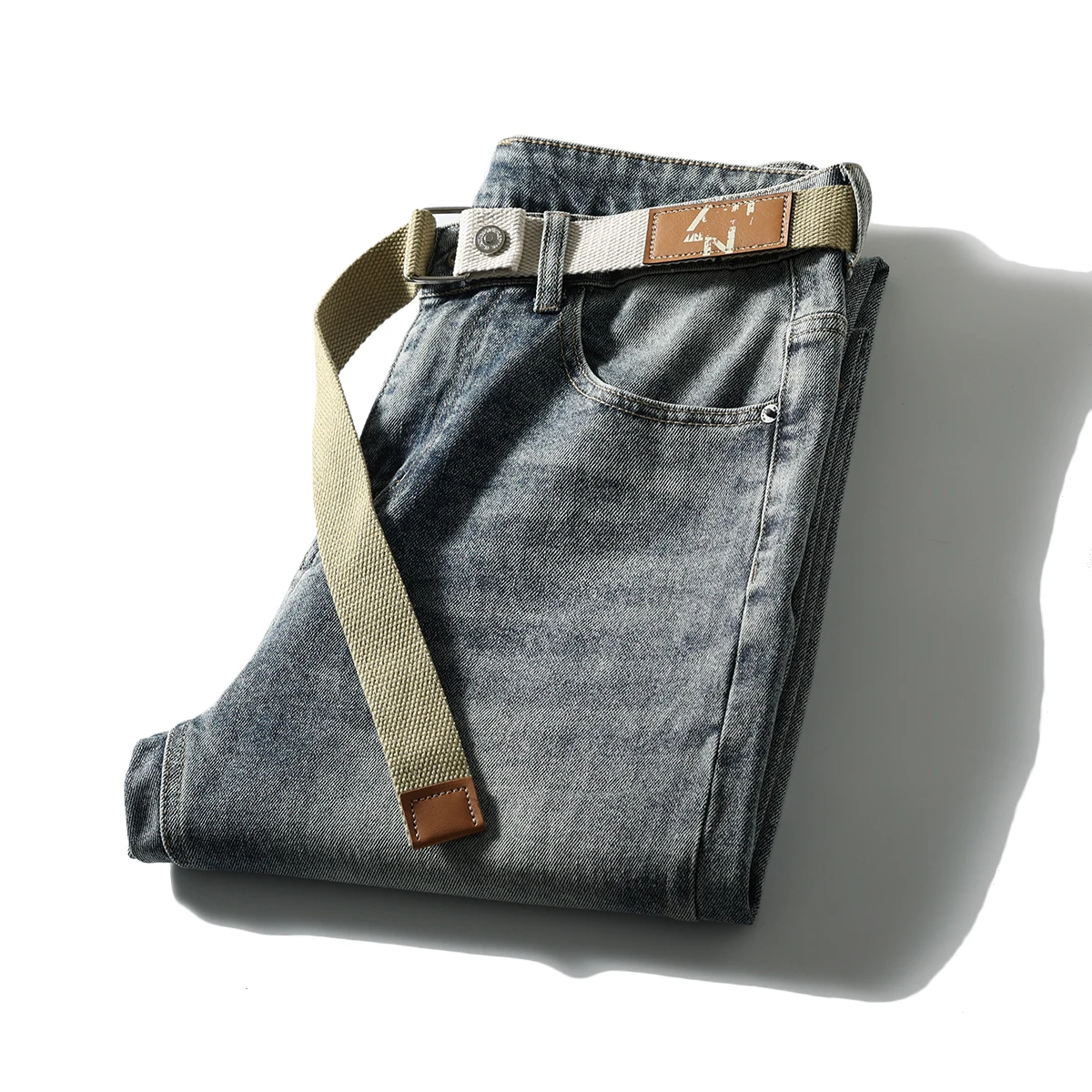 

2025 Spring Autumn Loose Men's Jeans Straight Leg Belted Waed Wide Leg Simple Sle Long Trousers Casual Youth Jeans