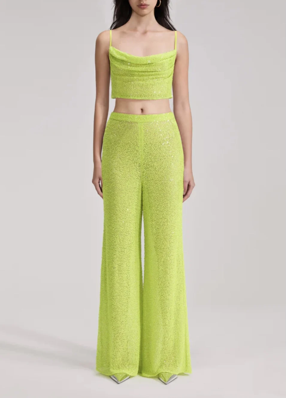 

Желтый комплект из укороченных топов и брюк с блестками, 2024, высокое качество