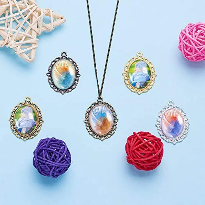 30pcs 5 Color Oval Pendant Trays Bezel 30pcs 25 x 18mm Glass Cabochon Dome Tiles Clear Cameo Memorial Photo Pendant DIY