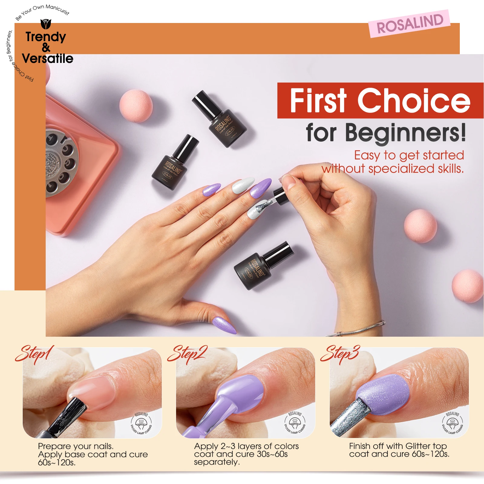 Rosalind 20 Classic Gel Nails Colors Mini Kit de esmalte em gel com luz UV, base e revestimento superior em gel brilhante fosco com ferramenta