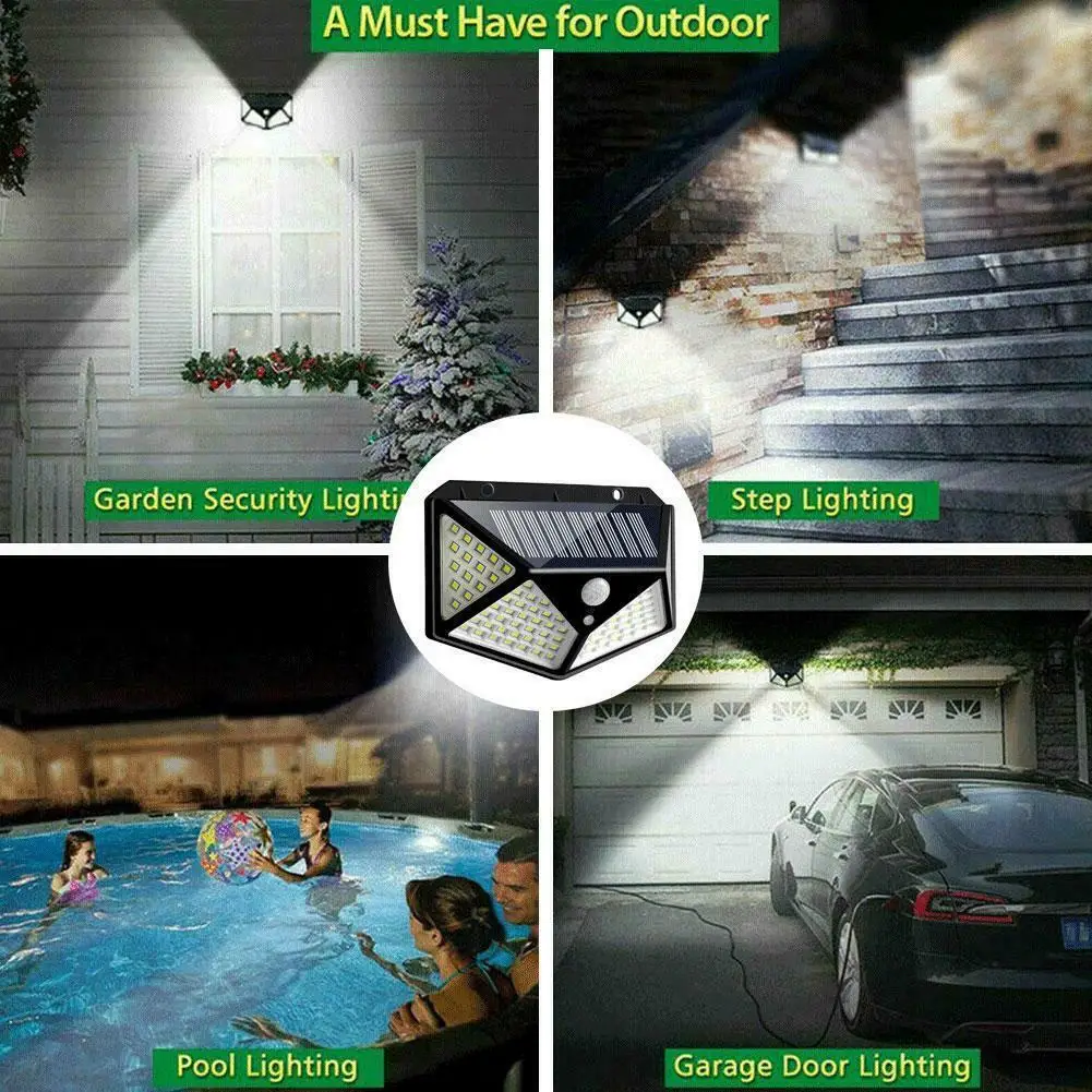 100 LED Solar Wall Lamp 3 Modes All Sides Luminous Motion Sensor Human Induction Courtyard Waterproof Stairs Outdoor Wall Light