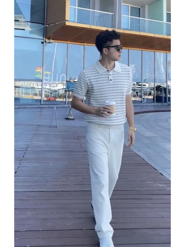 Summer Commute Men's  Shirt Set Straight Leg Jeans Ice Silk Short Sleeve Knitted Wear Resistant Teen Boy's Fashion