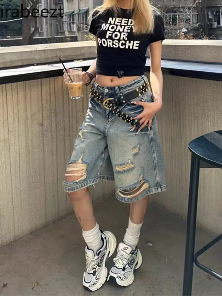 American Retro Vibe Ripped Denim Shorts Women's Loose Straight Street Commuter Wide Leg Knee Length Pants Medium Women Jeans