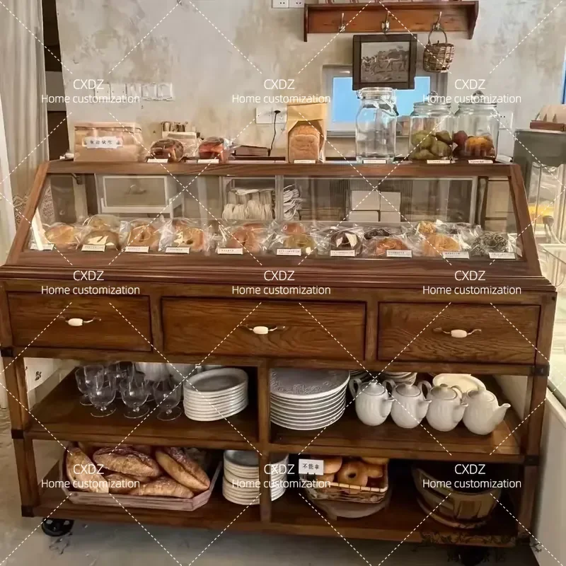 retro coffee bread side cabinet French sliding door antique jewelry display storage display glass cabinet